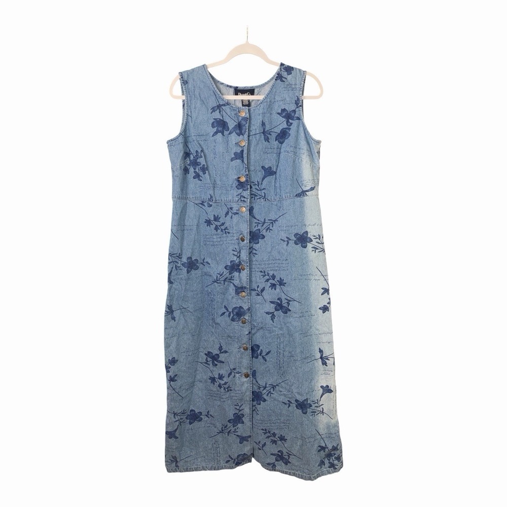 Denim & Co Blue Floral Chambray Button Front Midi Dress Large 100% Cotton - Picture 2 of 5